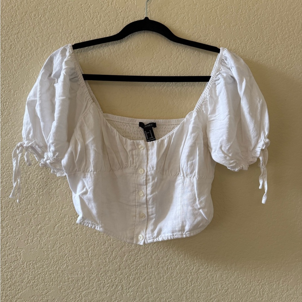 White Puff Sleeve Button-Up Top